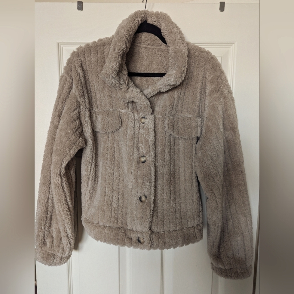 Teddy Bear Cropped Jacket Khaki Large